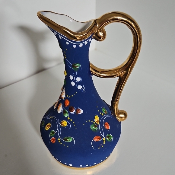 ELPA Alcobaca Portugal Pottery Hand Painted Blue Pitcher/Vase w/Enamel Florals - Picture 4 of 11